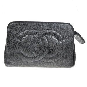 CHANEL CC Pouch Grained Calfskin Leather Black Gold Italy